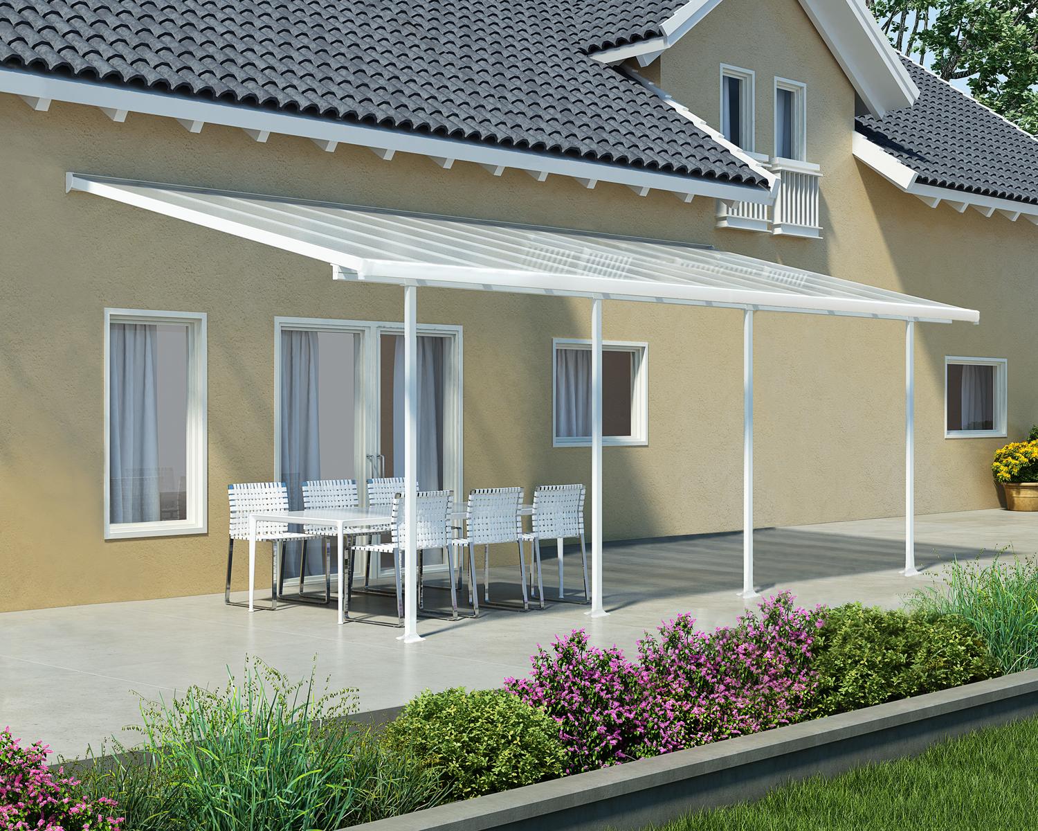 Patio Cover 10 ft. x 24 ft. Aluminium White with Polycarbonate roof panels, attached to the house to protect patio furniture