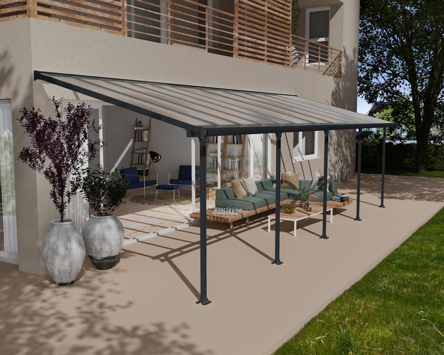 Grey Feria patio cover, 3m x 9.15m, with an aluminum frame and clear polycarbonate panels, offering durable and stylish outdoor shade and protection