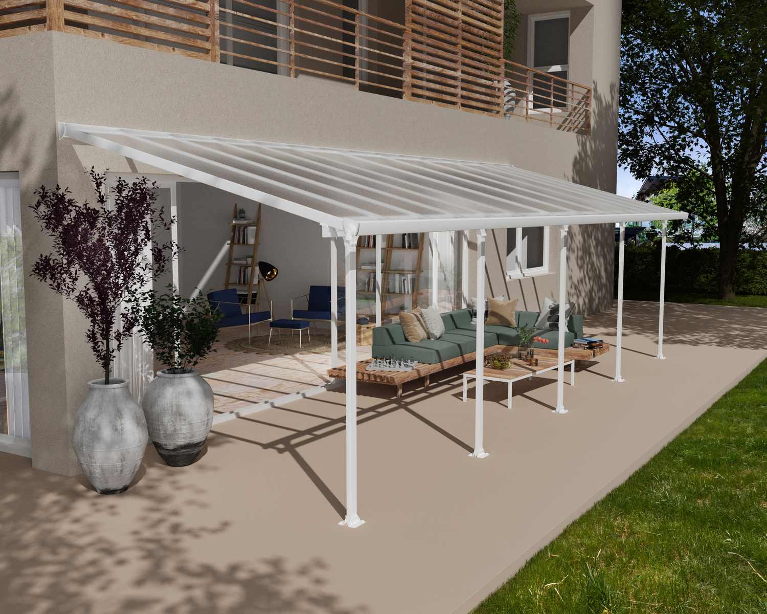 White Feria patio cover, 3m x 9.15m, featuring a sturdy aluminum frame and clear polycarbonate panels for stylish outdoor protection