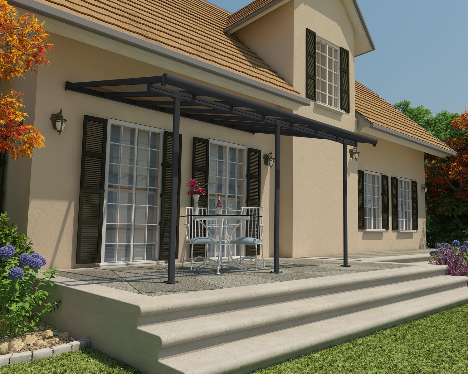 Grey 3m x 4.3m Feria patio cover with a durable aluminum frame and clear polycarbonate panels for stylish outdoor shelter