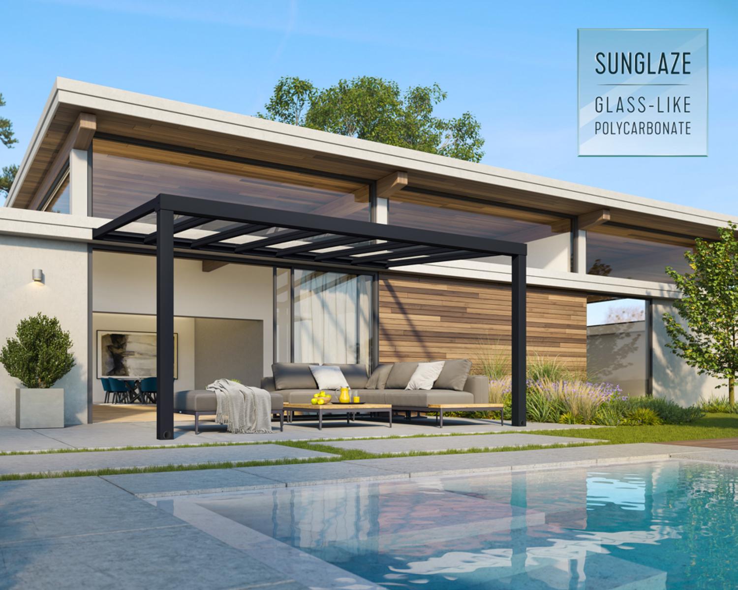 Grey Stockholm patio cover, 3.4m x 5.2m, with aluminum frame and clear polycarbonate panels for weather protection