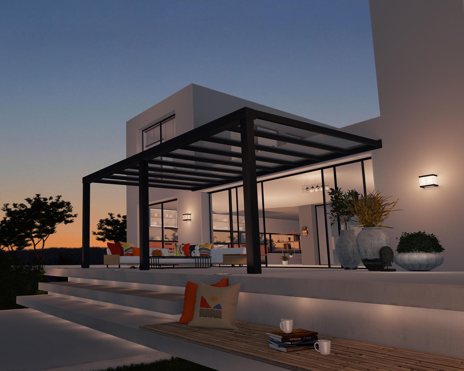 Grey Stockholm patio cover, 3.4m x 6m, with an aluminum frame and clear polycarbonate panels, providing durable outdoor weather protection