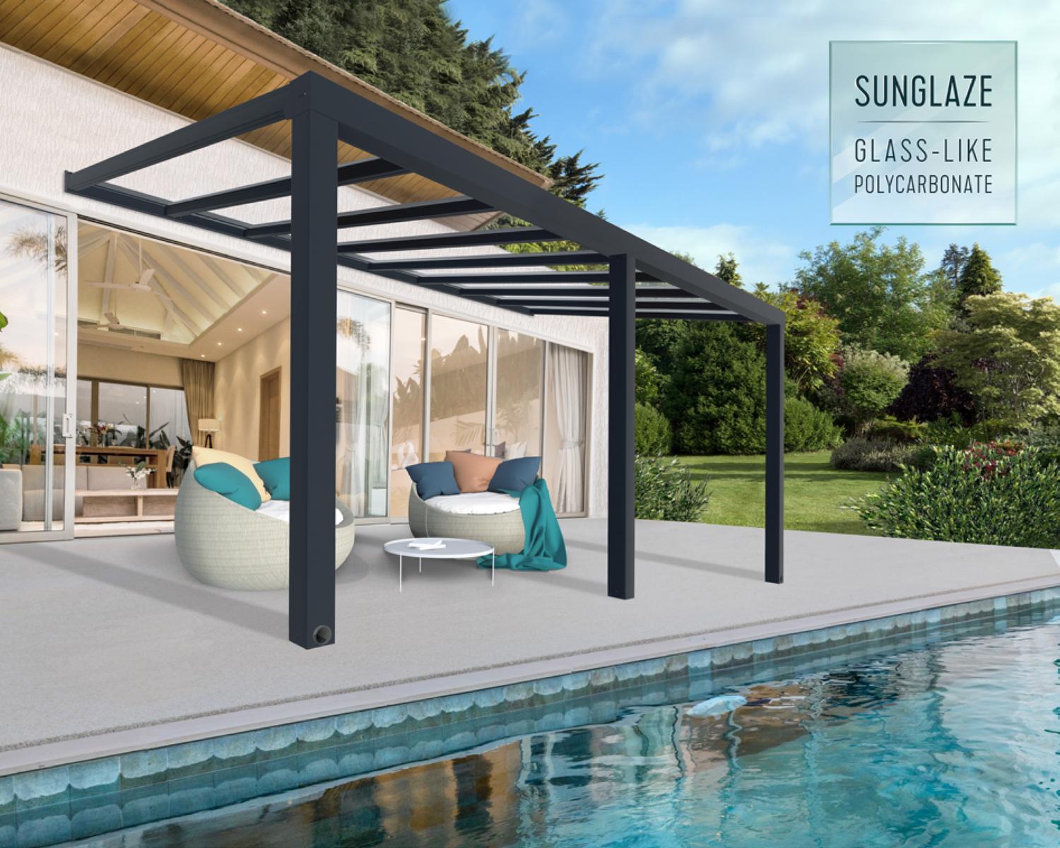 Grey Stockholm patio cover, 3.4m x 6m, with an aluminum frame and clear polycarbonate panels, providing durable outdoor weather protection