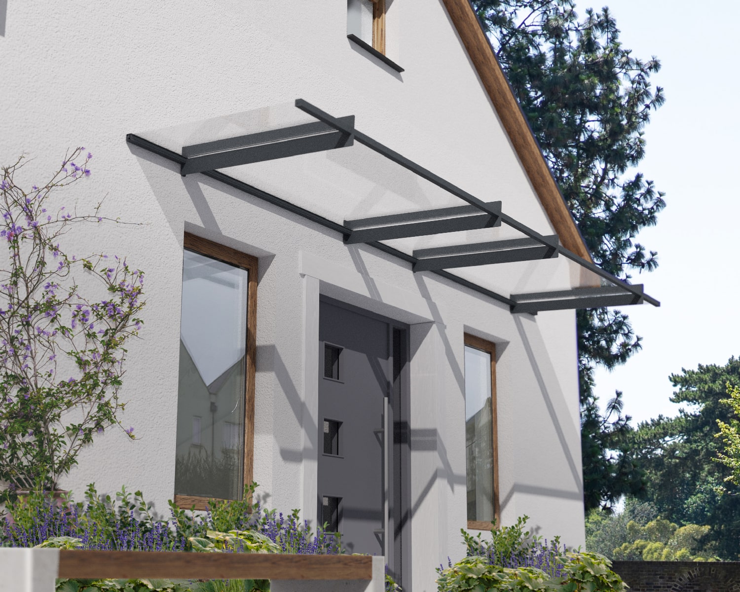 Grey Nancy 4.2m x 0.9m door canopy with clear polycarbonate panels, providing sleek and reliable protection for entryways