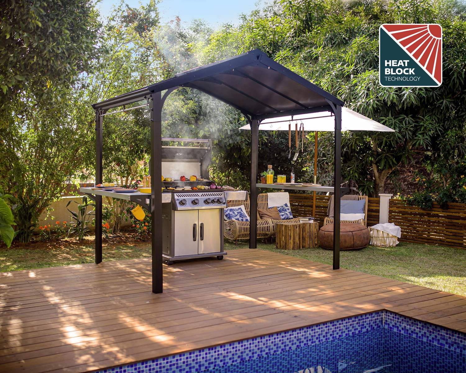 Grill setup under a 1.8m x 2.4m black aluminum Austin gazebo with a HeatBlock polycarbonate roof