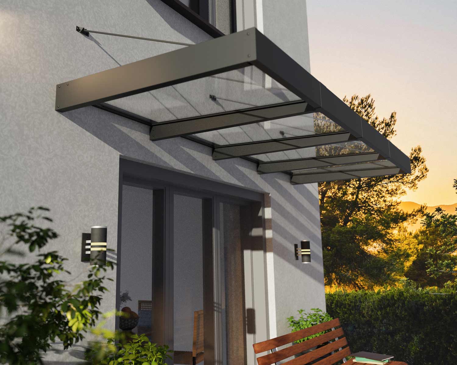 Sophia XL Grey door canopy (3.79m x 1.4m) featuring clear polycarbonate panels, providing durable protection for entryways