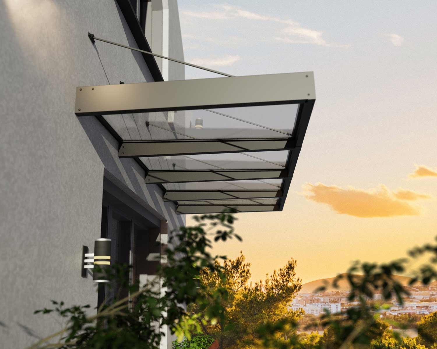 Sophia XL Grey door canopy (3.79m x 1.4m) featuring clear polycarbonate panels, providing durable protection for entryways