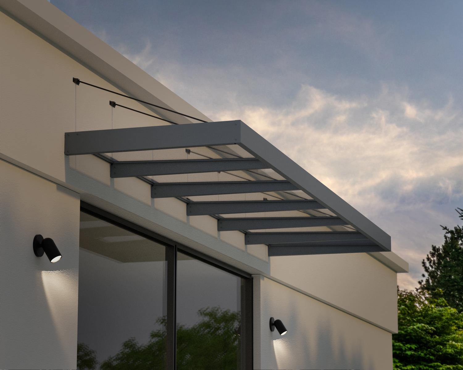 Sophia XL Grey 5.65m x 1.4m door canopy with clear polycarbonate panels, offering sleek and reliable entryway protection