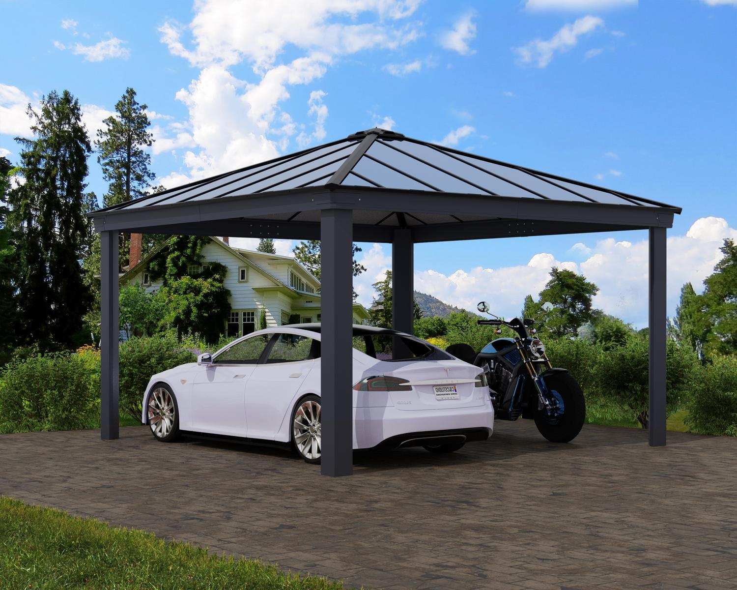 14ft x 14ft Colorado carport with a grey aluminum frame and HeatBlock roof panels, sheltering a car and motorcycle