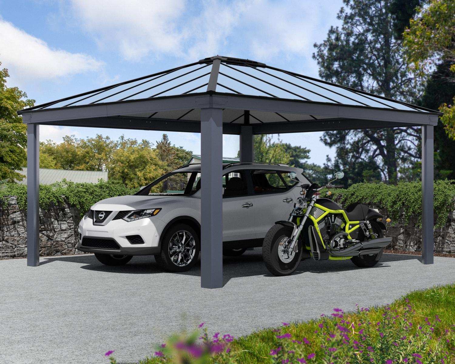 14ft x 16ft Colorado carport with a grey aluminum frame and HeatBlock polycarbonate roof, sheltering a car and motorcycle