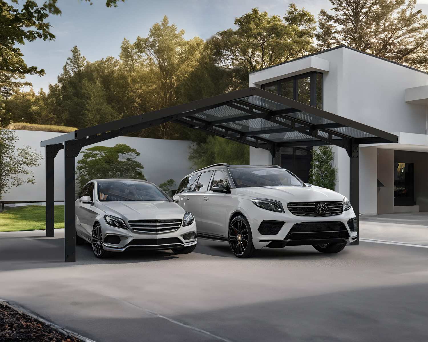 20ft x 20ft Sydney Apex Wave carport with a black aluminum frame and grey polycarbonate roof, providing optimal shelter and energy efficiency