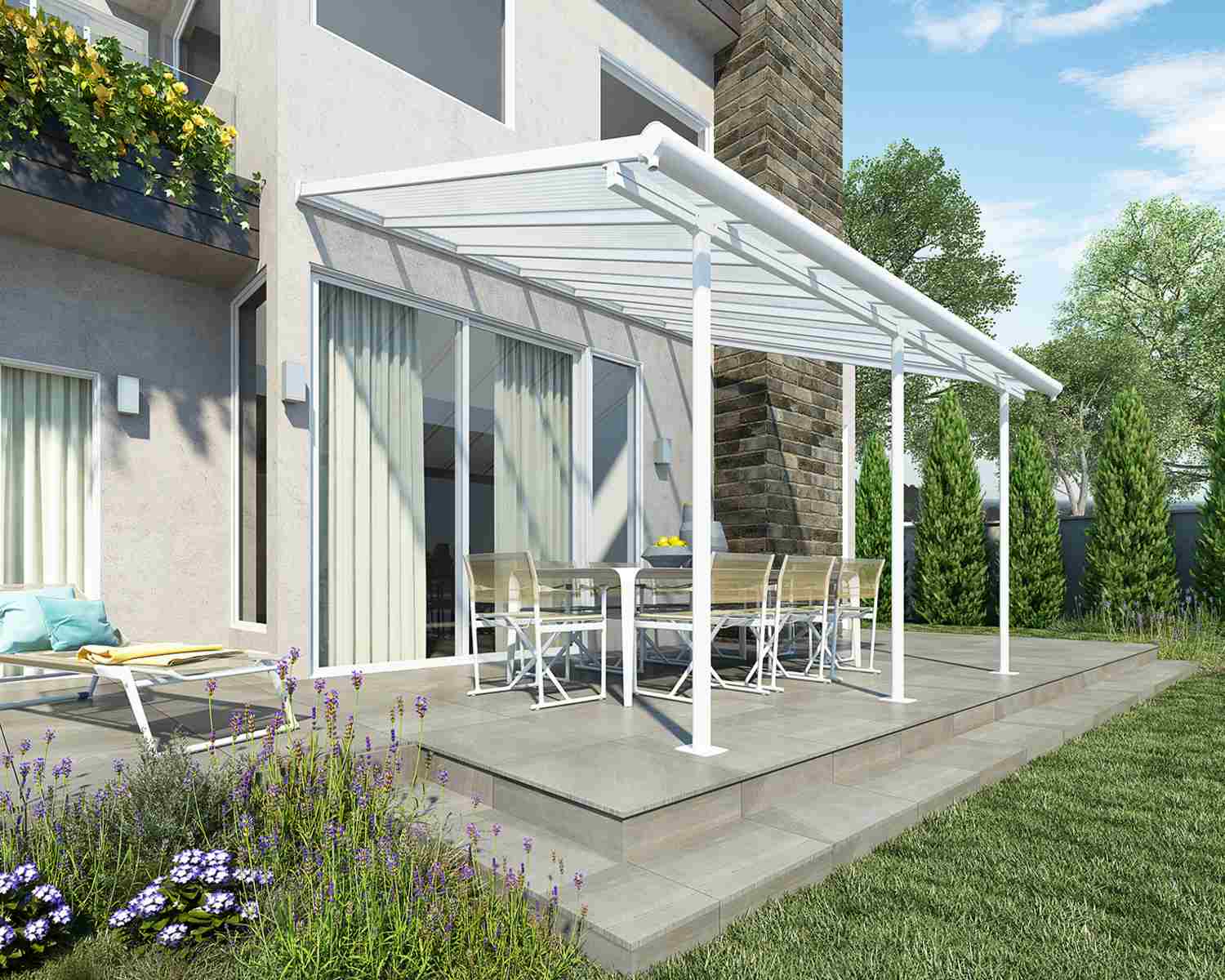 White 3m x 4.3m Sierra patio cover with a sturdy aluminum frame and clear polycarbonate panels for dependable outdoor shelter