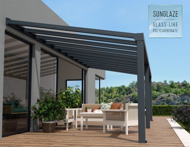 Grey Aluminium Patio Cover With Clear twin-wall polycarbonate roof panels on Deck Patio protect garden furniture