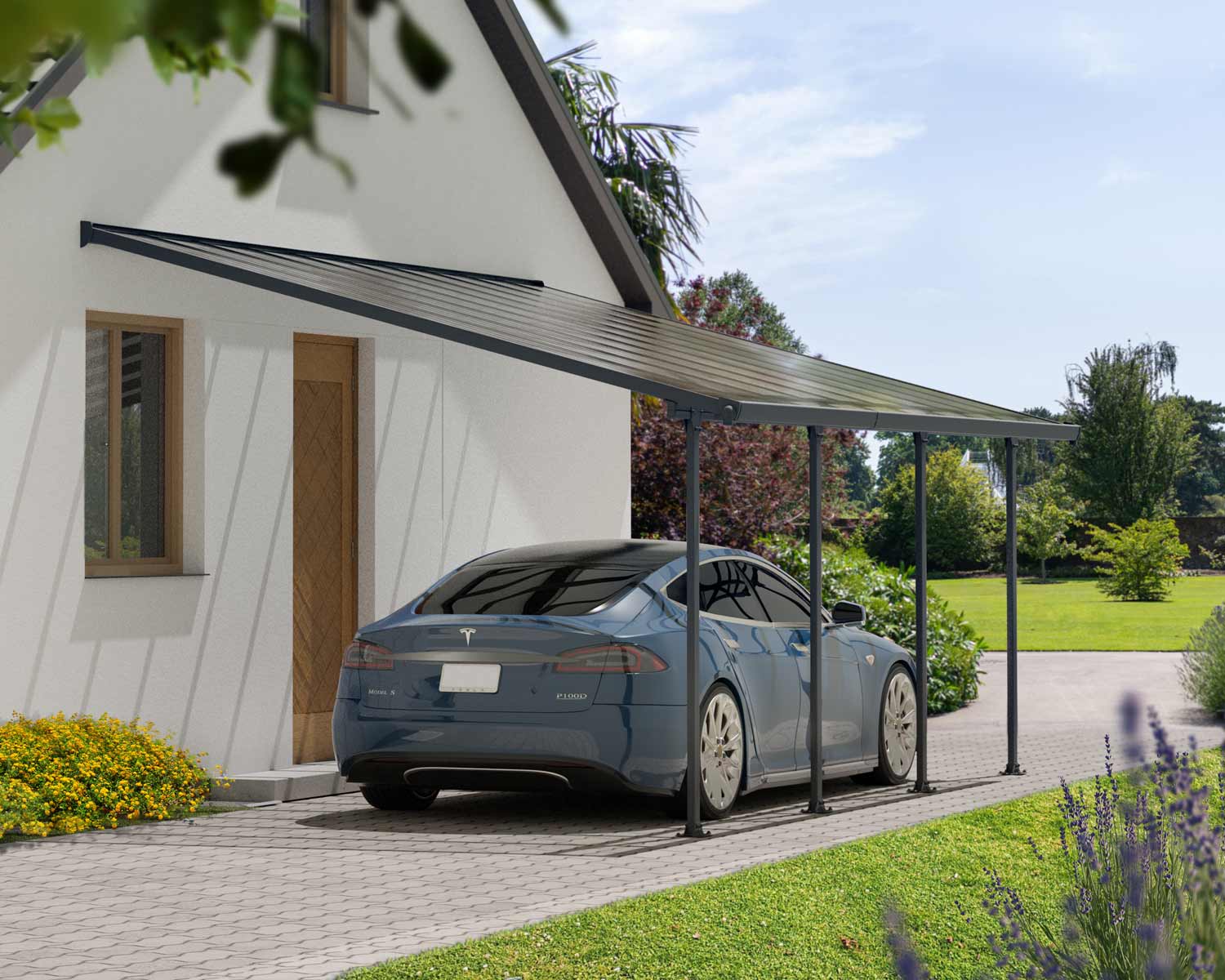 A blue Tesla is covered by a Faria 13 ft. x 26 ft. lean-to carport
