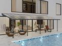 Grey Aluminium Patio Cover With Clear twin-wall polycarbonate roof panels on Beside Pool Patio protect garden furniture