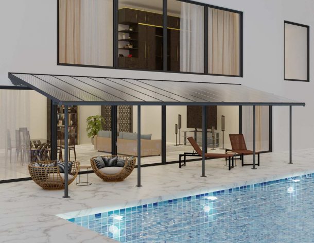 Grey Aluminium Patio Cover With Clear twin-wall polycarbonate roof panels on Beside Pool Patio protect garden furniture