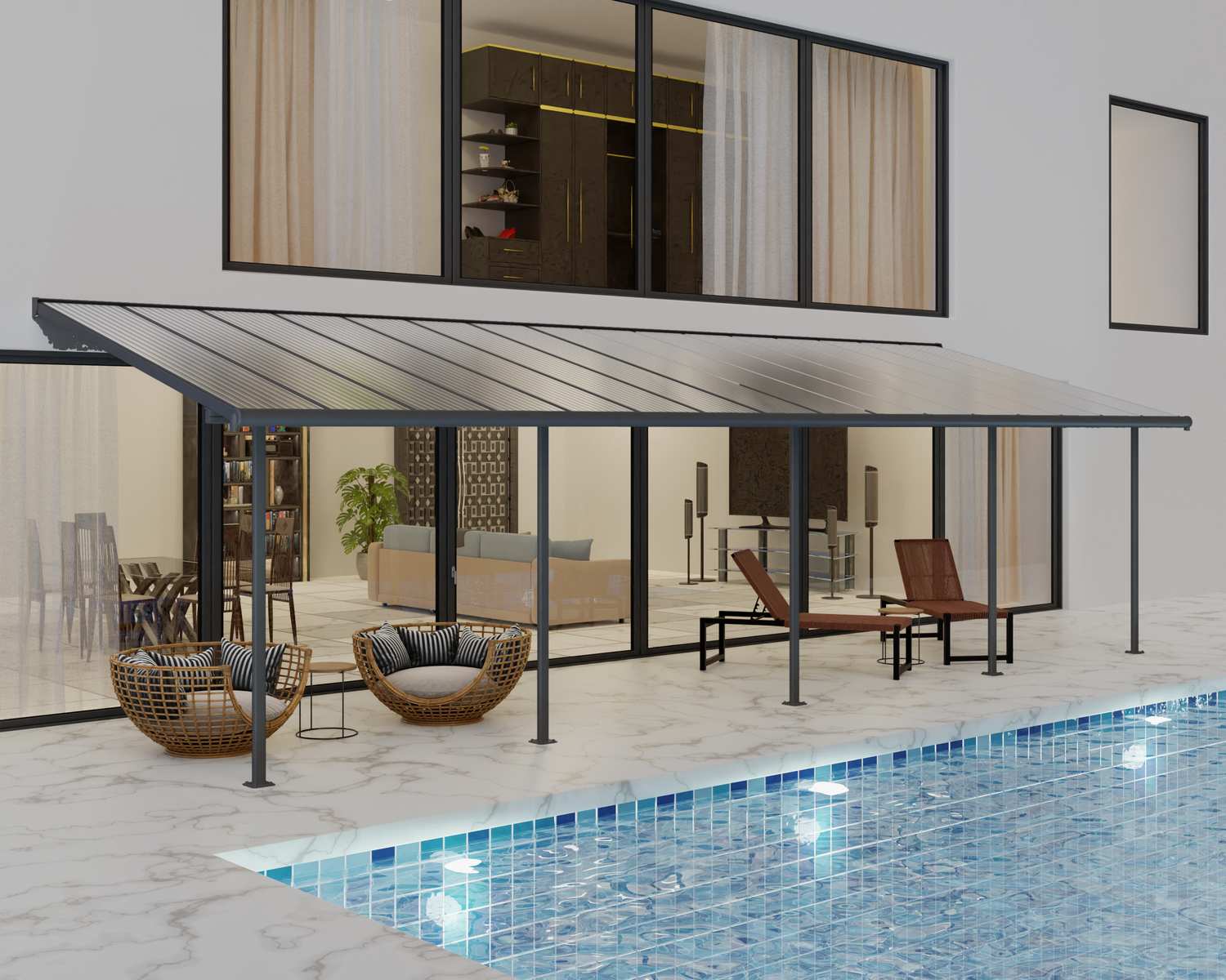 Grey Aluminium Patio Cover With Clear twin-wall polycarbonate roof panels on Beside Pool Patio protect garden furniture