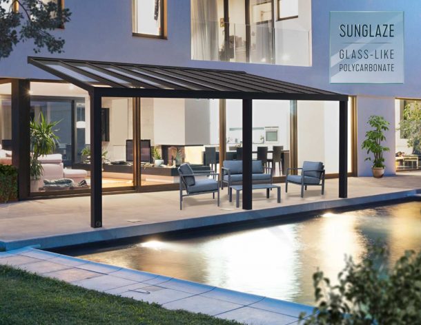 Grey Aluminium Patio Cover With Clear twin-wall polycarbonate roof panels on Beside Pool Patio protect garden furniture