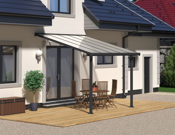 Grey Aluminium Patio Cover With Clear twin-wall polycarbonate roof panels on Deck Patio protect garden furniture