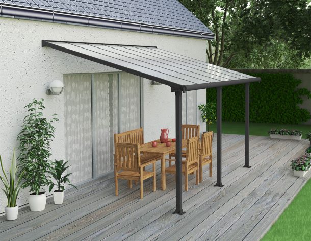 Grey Aluminium Patio Cover With Clear twin-wall polycarbonate roof panels on Deck Patio protect garden furniture