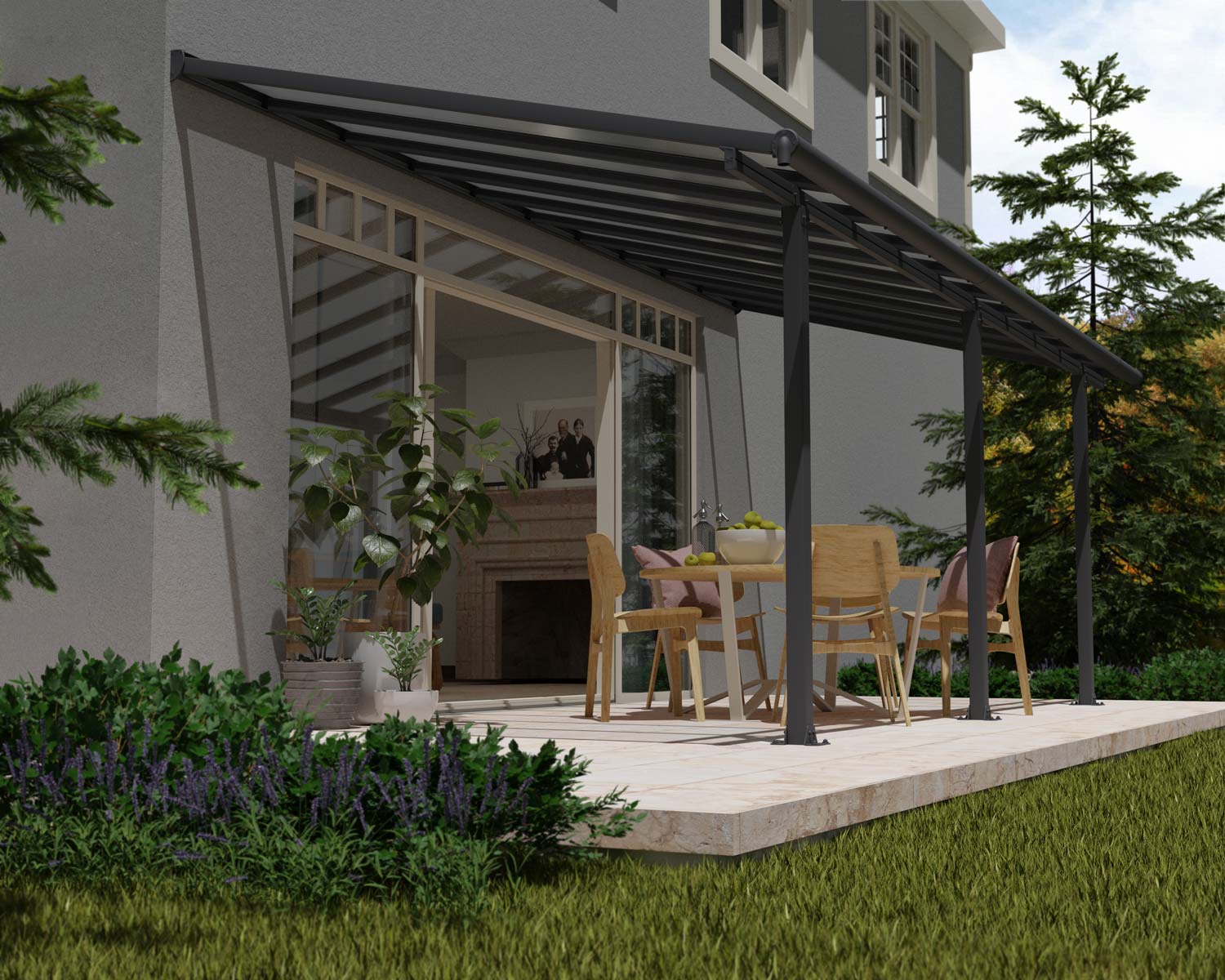 Grey Aluminium Patio Cover with Clear twin-wall polycarbonate roof panels protect garden furniture