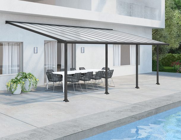 Grey Aluminium Patio Cover With Clear twin-wall polycarbonate roof panels on Beside Pool Patio protect garden furniture