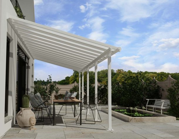 White Aluminium Patio Cover with Clear twin-wall polycarbonate roof panels protect garden furniture