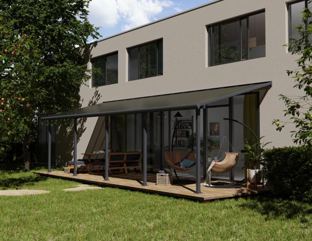 Grey Aluminium Patio Cover With Bronze-tinted twin-wall polycarbonate roof panels on Deck Patio protect 