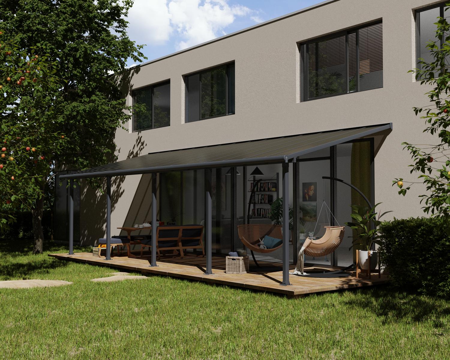 Grey Aluminium Patio Cover With Bronze-tinted twin-wall polycarbonate roof panels on Deck Patio protect 