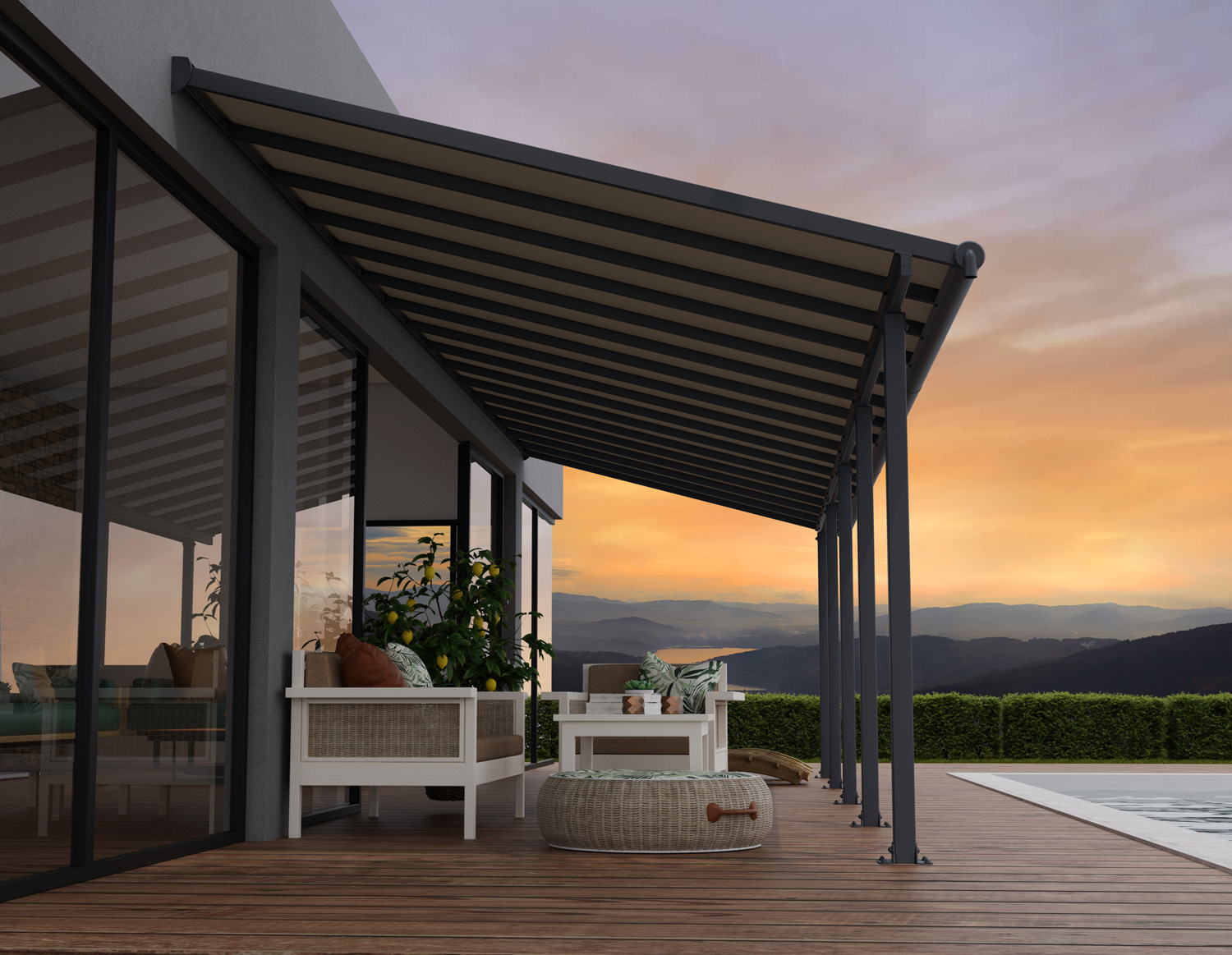 Grey Aluminium Patio Cover With Bronze-tinted twin-wall polycarbonate roof panels on Deck Patio