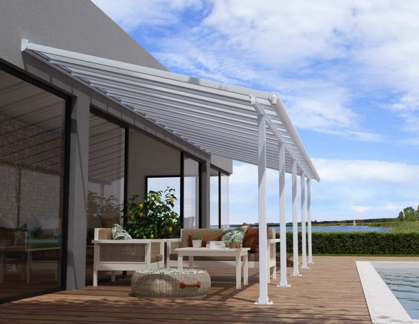 White Aluminium Patio Cover With Clear twin-wall polycarbonate roof panels on Beside Pool Patio protect garden furniture