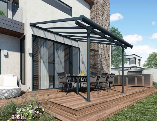 Grey Aluminium Patio Cover With Clear twin-wall polycarbonate roof panels on Deck Patio protect garden furniture